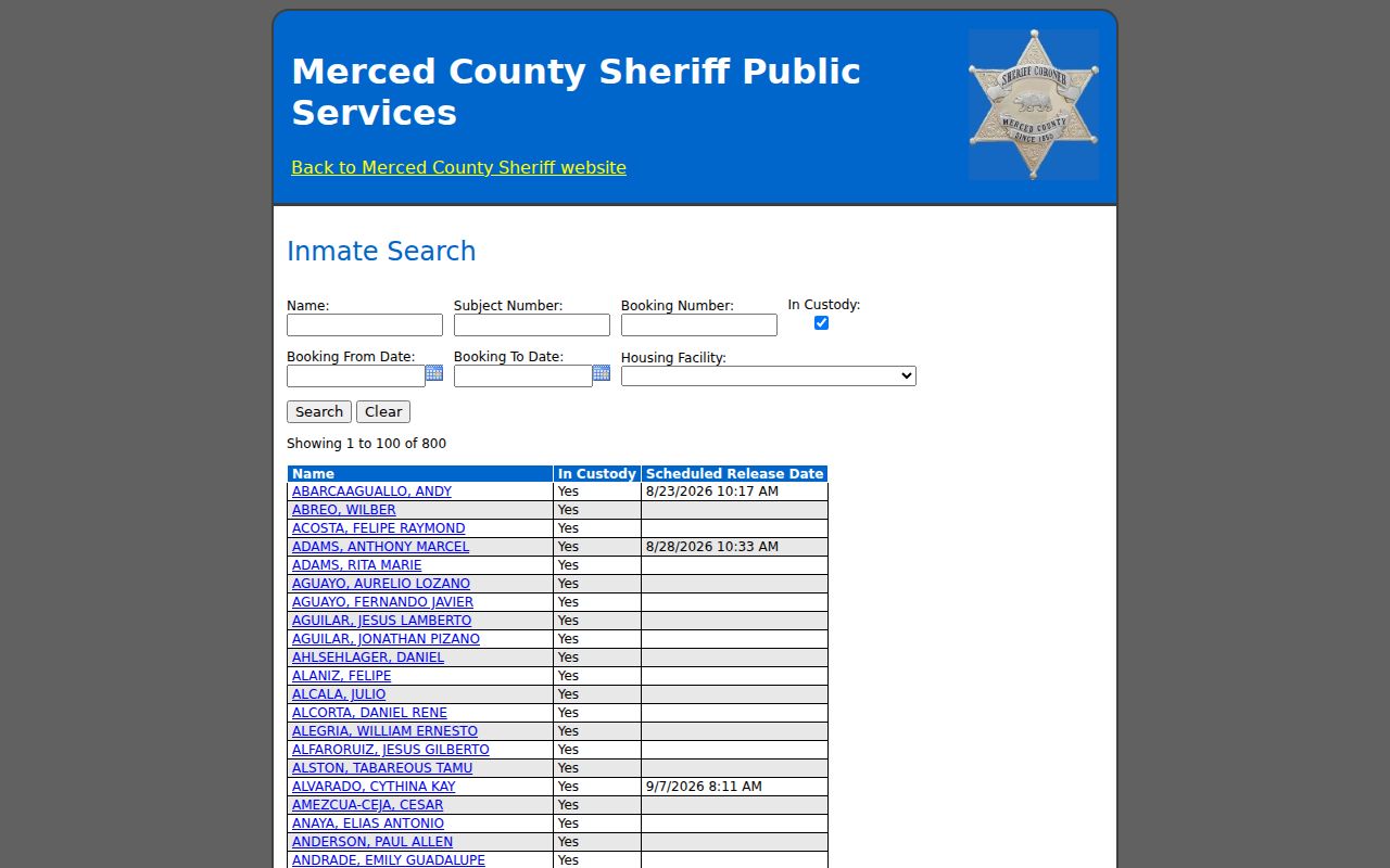 Merced County people search in Sheriff Inmate Inquiry