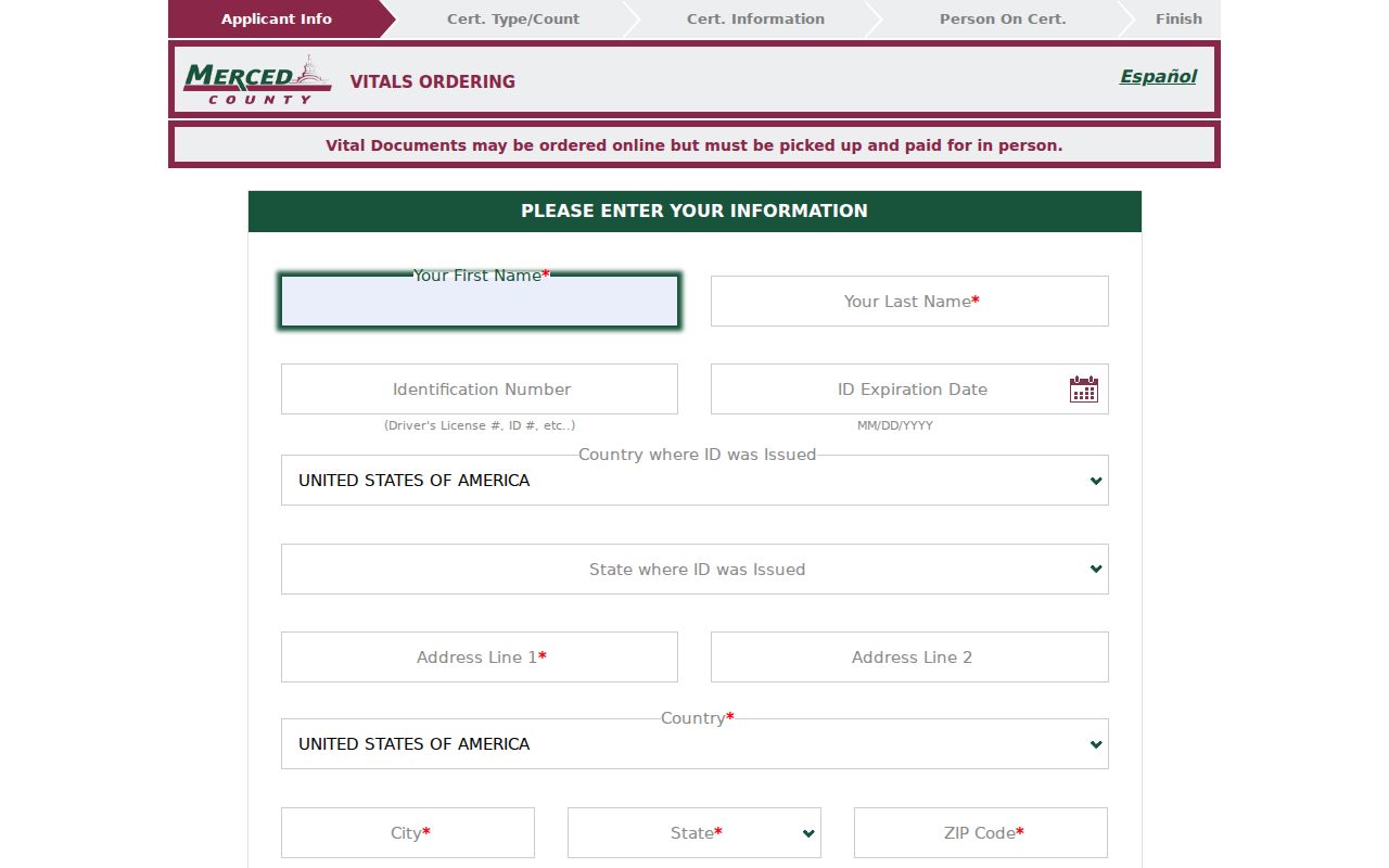 Merced County people lookup through the vital records order portal