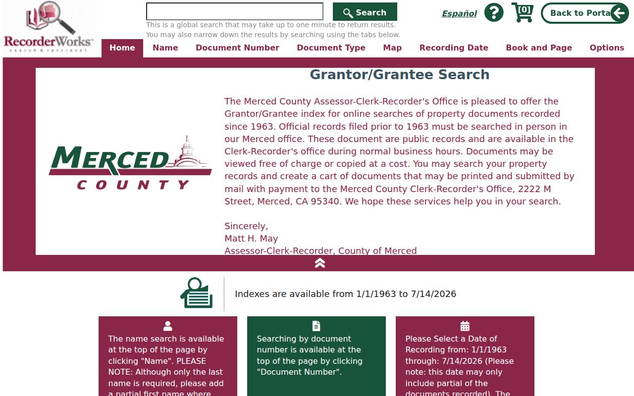 Merced County people search in the RecorderWorks official records index