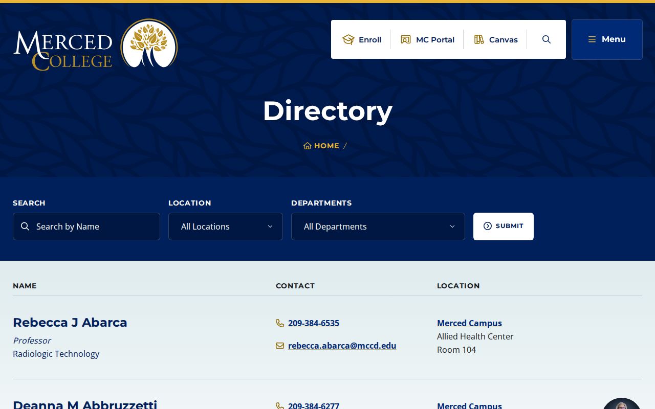 Merced County directory for Merced College employees