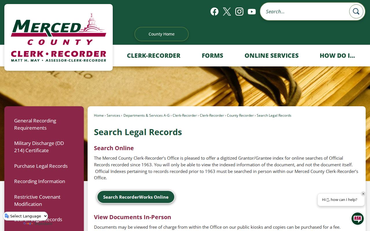 Merced County open records notice for the 1963 RecorderWorks cutoff